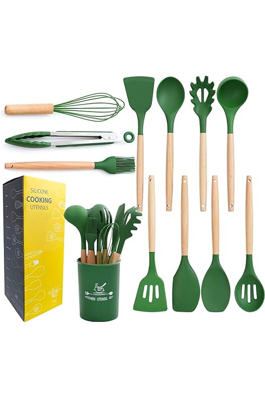 Utensilios de cocina de silicona resistente al calor - Set de 12 piezas, color verde oscuro.