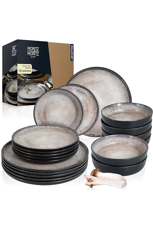 Vajilla de porcelana beige para 6 personas - Juego de 18 piezas apto para lavavajillas y microondas.