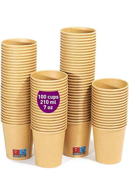 Vasos Desechables Kraft: 100 unidades de cartón resistentes y a prueba de fugas, sin olores.