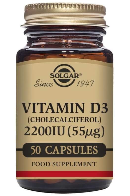 Vitamina D3 Colecalciferol: Suplemento vegetariano en cápsulas con 2200 UI (55 µg) - Paquete de 50 unidades.